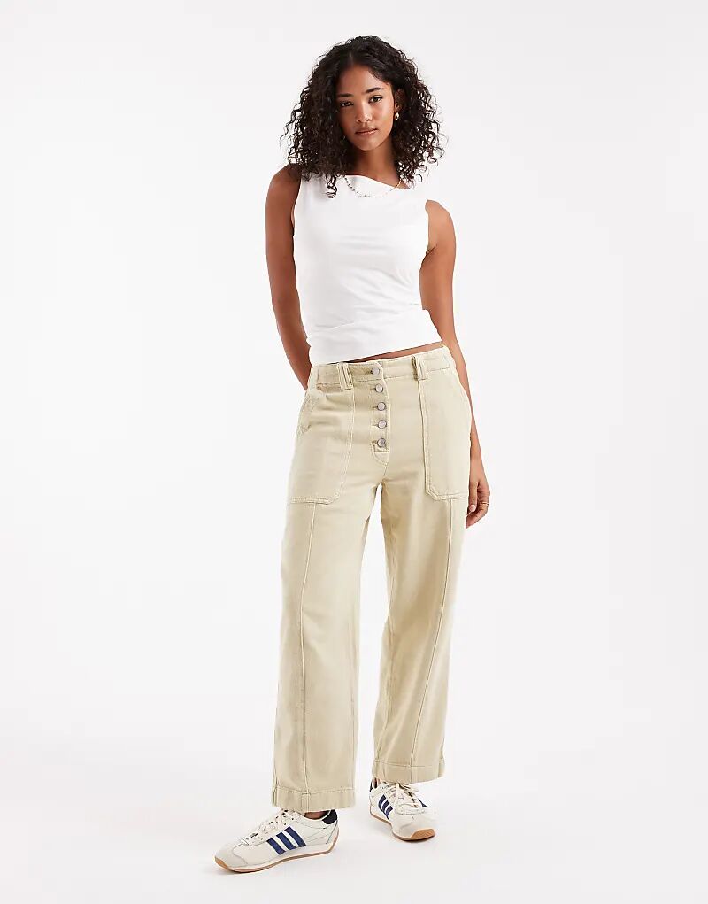 

Брюки ASOS DESIGN с пуговицами спереди, стираные, с заниженной талией, цвета хаки