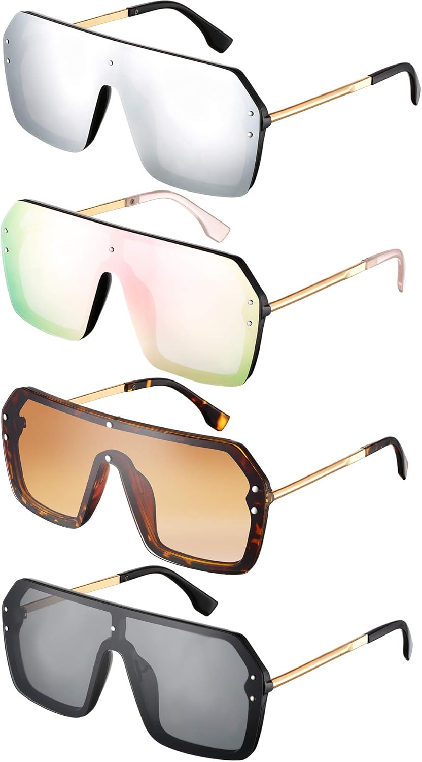 

Солнцезащитные очки Weewooday, 4 пары, сиамские, зеркальные, с плоской верхней частью, увеличенного размера, стильные, классические, без оправы, для женщин и мужчин, Gold and Black Frame