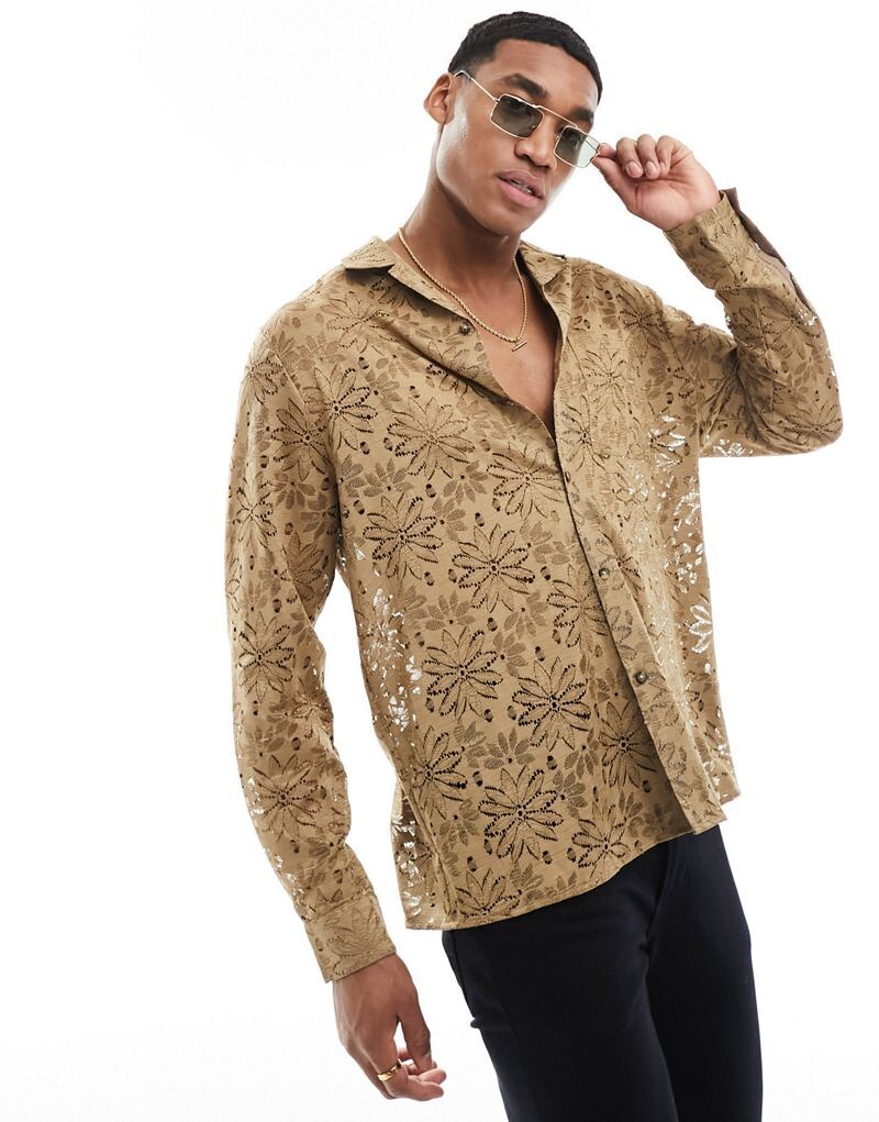 

Коричневая непринужденная кружевная рубашка ASOS DESIGN