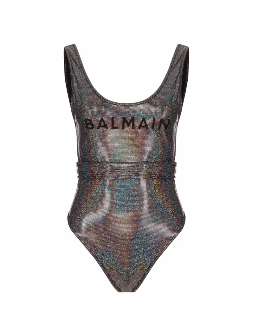 

Слитный купальник с логотипом Balmain, серебристый
