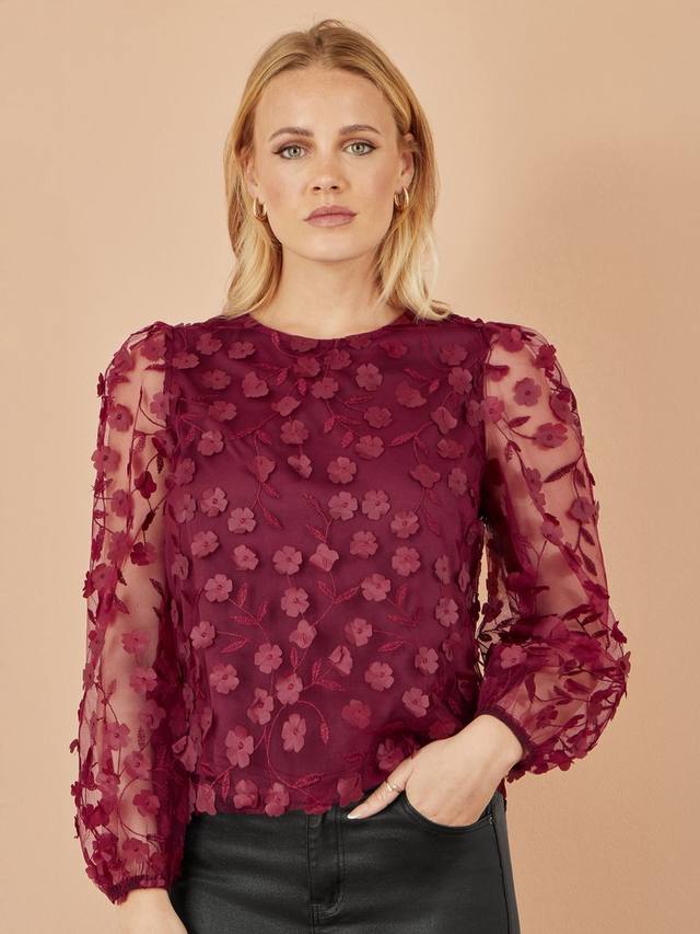 

Топ с цветочными аппликациями и прозрачными рукавами Yumi, Burgundy