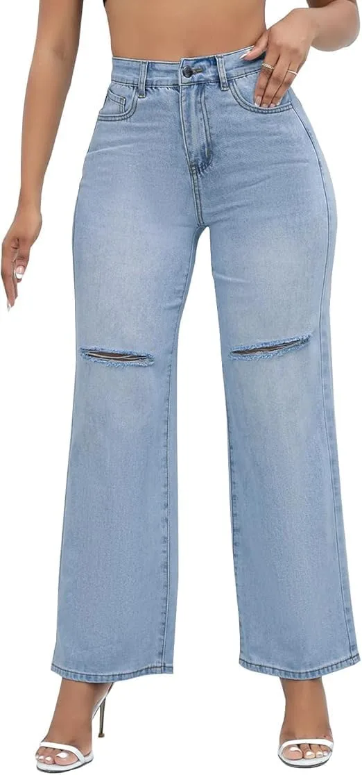 

Рваные широкие джинсы для женщин High Waist YCHUNHUI