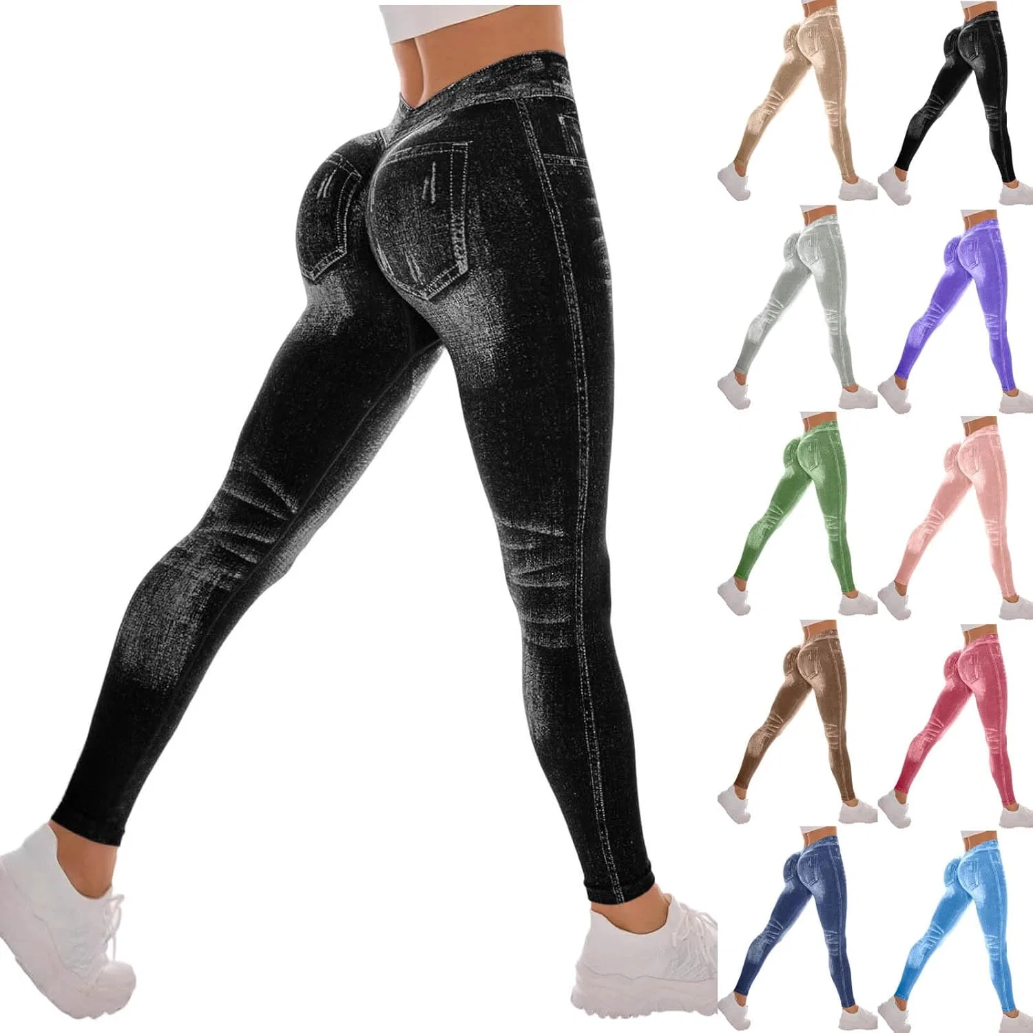 Джинсы с завышенной талией, Faux Denim Jeggings, Black