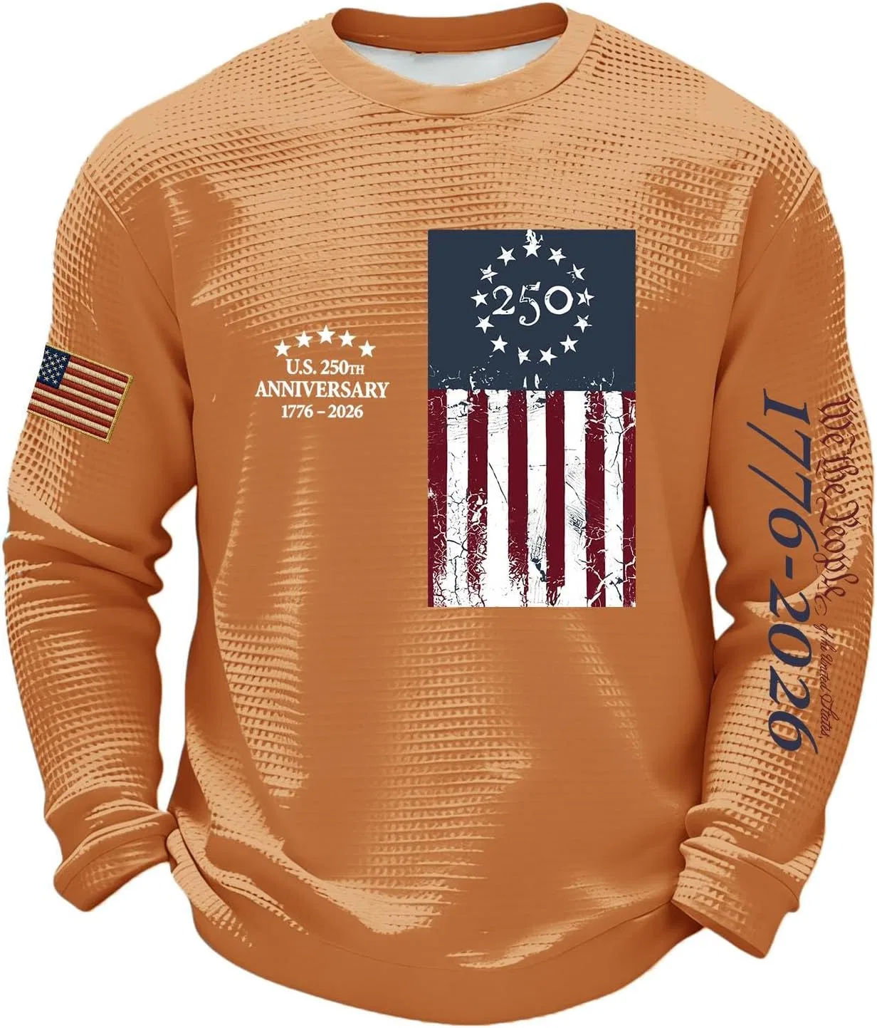 Футболка мужская с американским флагом, вафельная вязка, длинный рукав, 2-orange