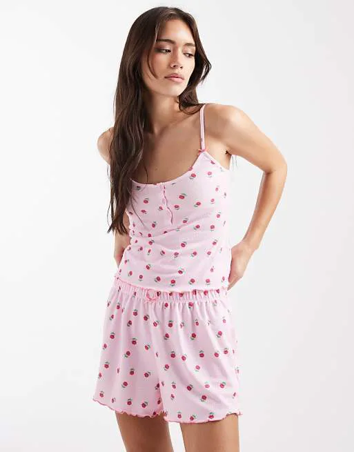 

Розовый комплект из вафельной майки и шорт с цветочным принтом Loungeable