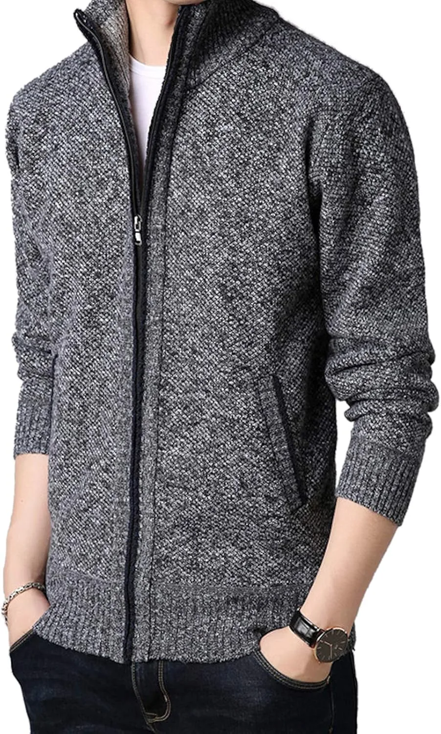 

Мужской кардиган с воротником стойкой, застежкой-молнией и рельефной вязкой Elonglin