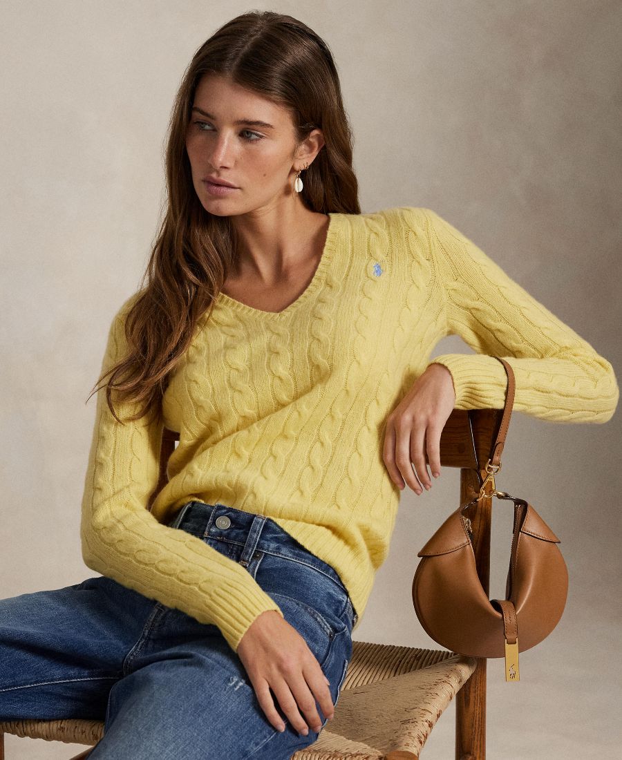 

Женский свитер с V-образным вырезом из шерсти и кашемира с косами Polo Ralph Lauren, Fall Yellow