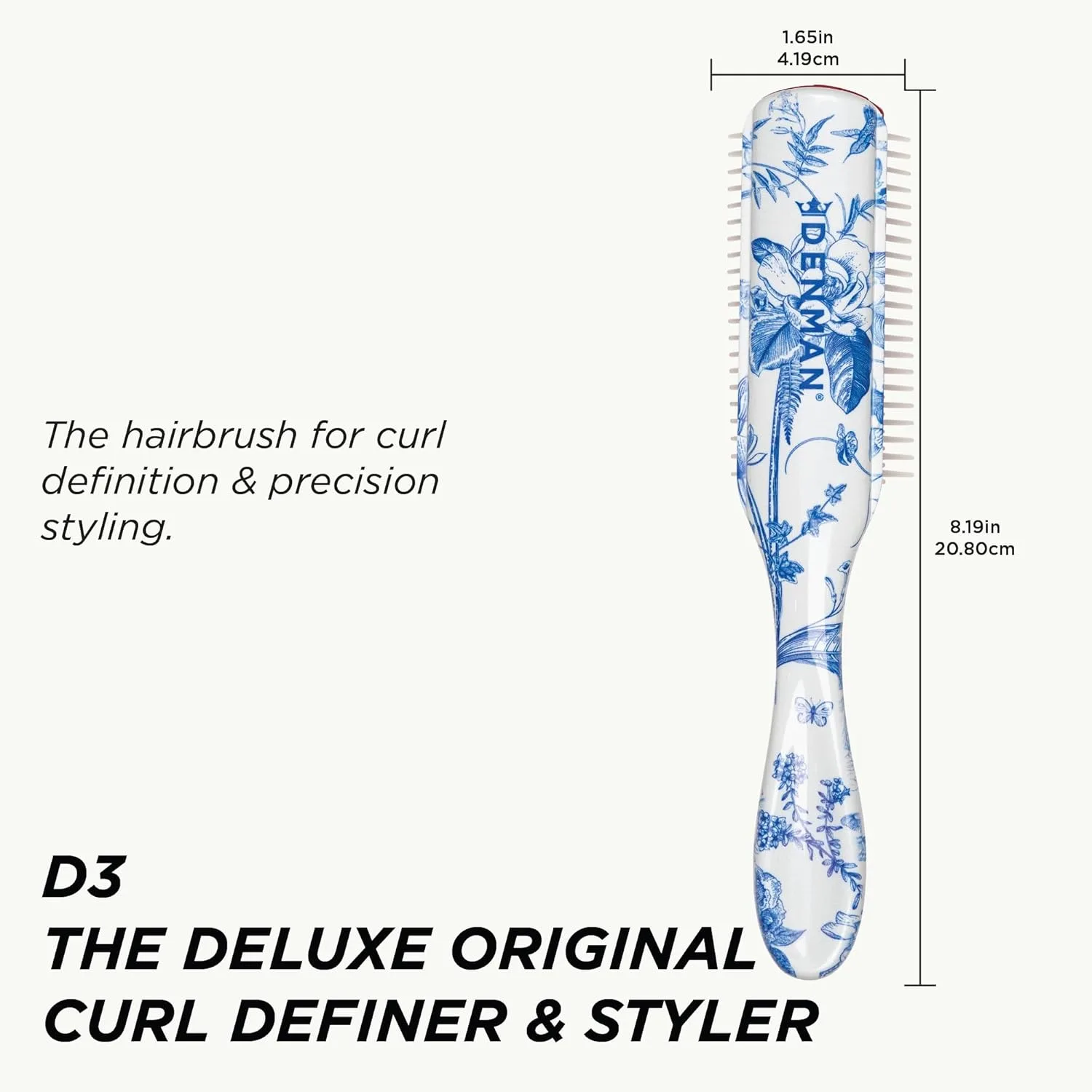 Denman D3 Original Curl Definer & Styler, щетка для вьющихся волос для женщин и мужчин - 7 рядов для распутывания и создания локонов, White/Blue — фото 2