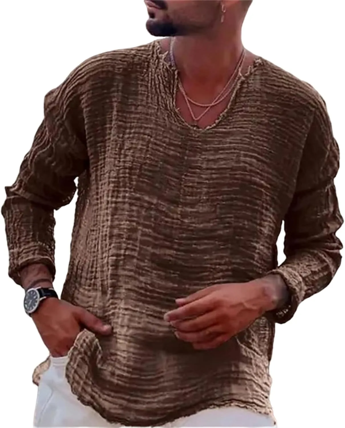 

Мужская футболка с длинным рукавом в стиле винтаж, свободного кроя, с V-образным вырезом evzosrz