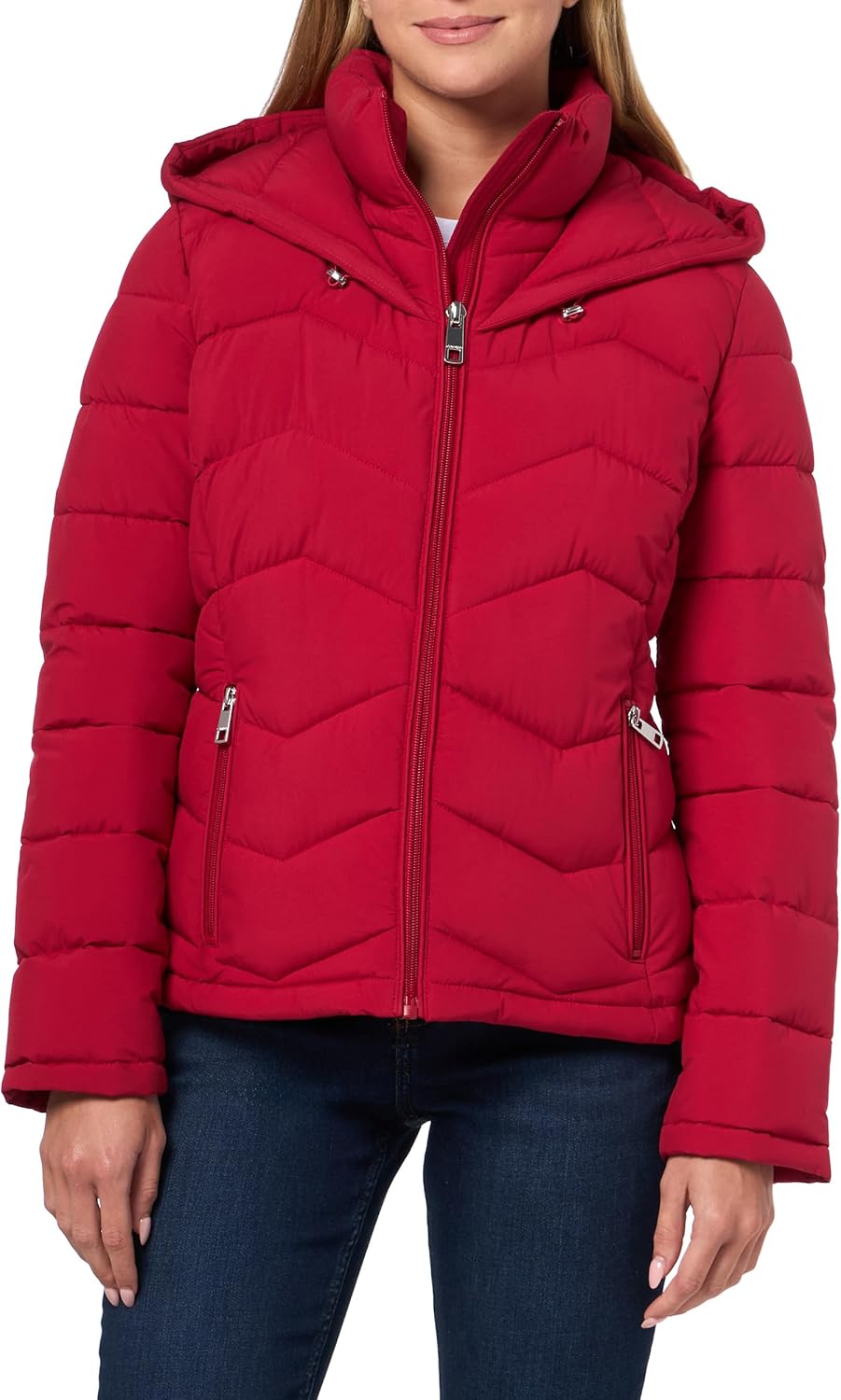 

Женская куртка-пуховик Calvin Klein из эластичной ткани с капюшоном - теплое стеганое пальто на молнии спереди, Scarlet