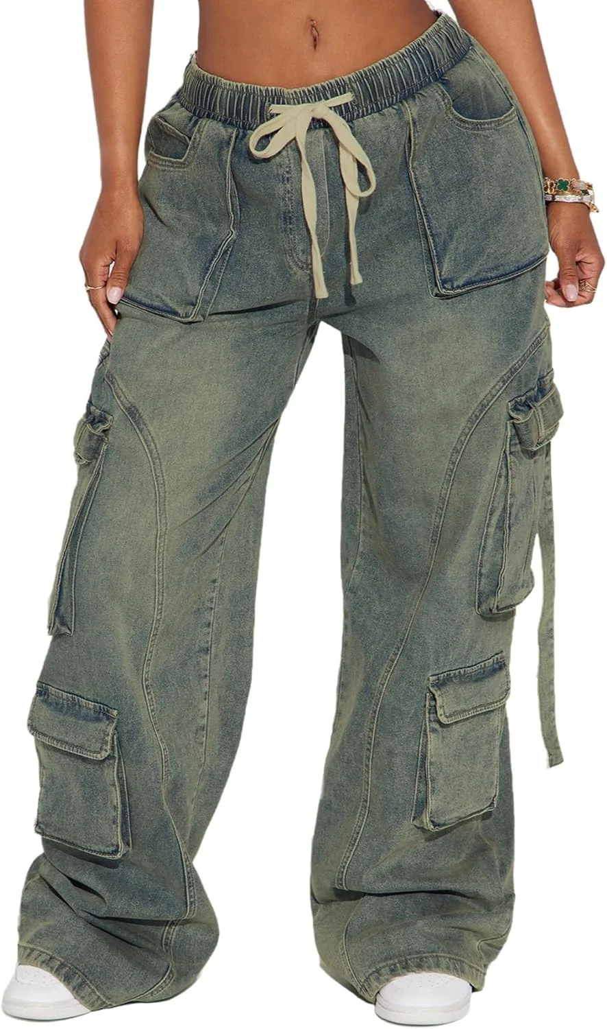 

Женские багги карго джинсы mid rise stretchy distressed flap pocket straight leg TACSTRUN