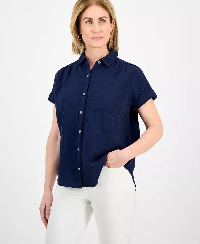 

Небольшая хлопковая рубашка из марли Camp Shirt Style & Co, синий