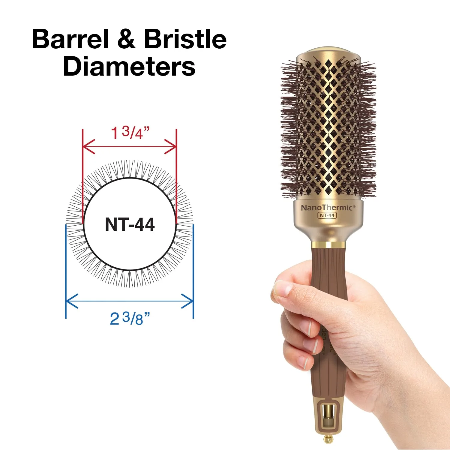 Термощетка для укладки волос Olivia Garden NanoThermic Ceramic + Ion Round Thermal Hair Brush - не электрическая - профессиональная щетка для нормальных и густых волос. 4,4 см, Gold / Chocolate — фото 2