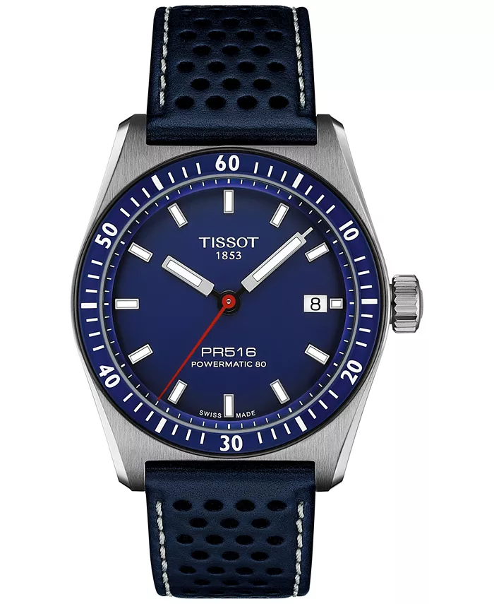 

Мужские автоматические часы Swiss Automatic PR516 Powermatic 80 с синим перфорированным кожаным ремешком, 38 мм Tissot