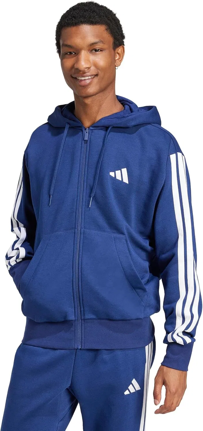 Толстовка Adidas Essentials с капюшоном на молнии и полосками, темно-синий/белый