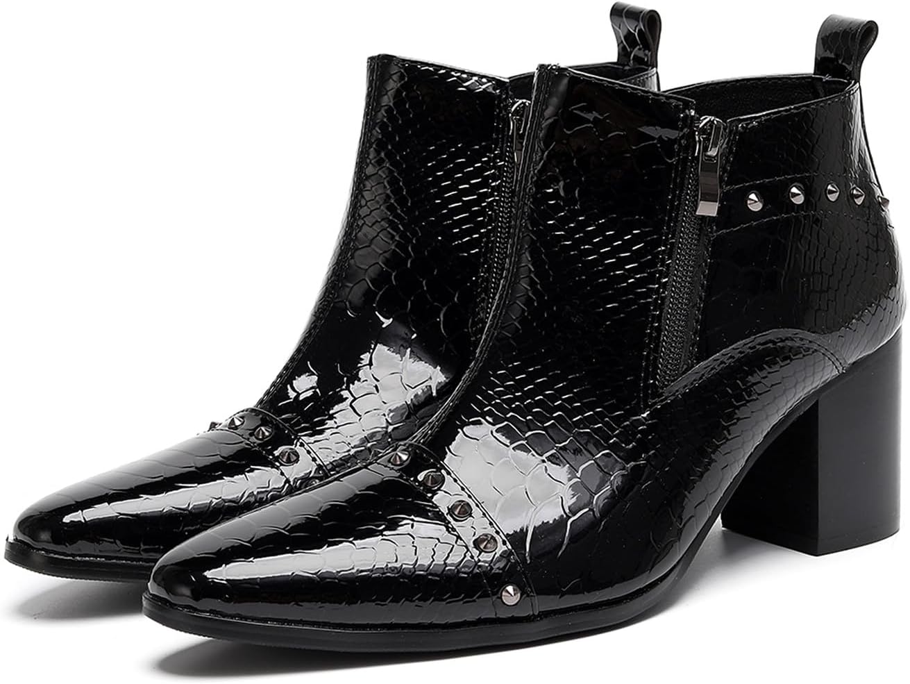 

Мужские ботинки Santimon из лакированной кожи с заклепками- повседневные челси с блоковым каблуком и боковой молнией, ковбойские ботинки для сцены и вечеринки, черный