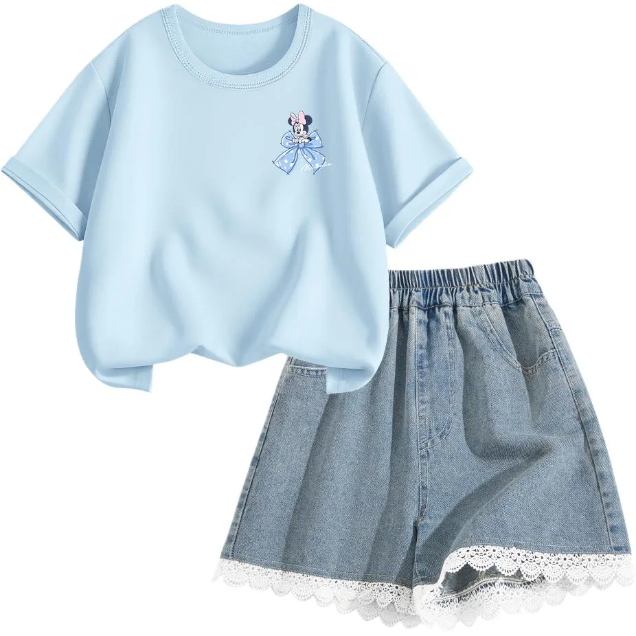Детская спортивная футболка с круглым вырезом Disney, Dili Qiaopi Ni K White+Solid Color Lake Blue — фото 2