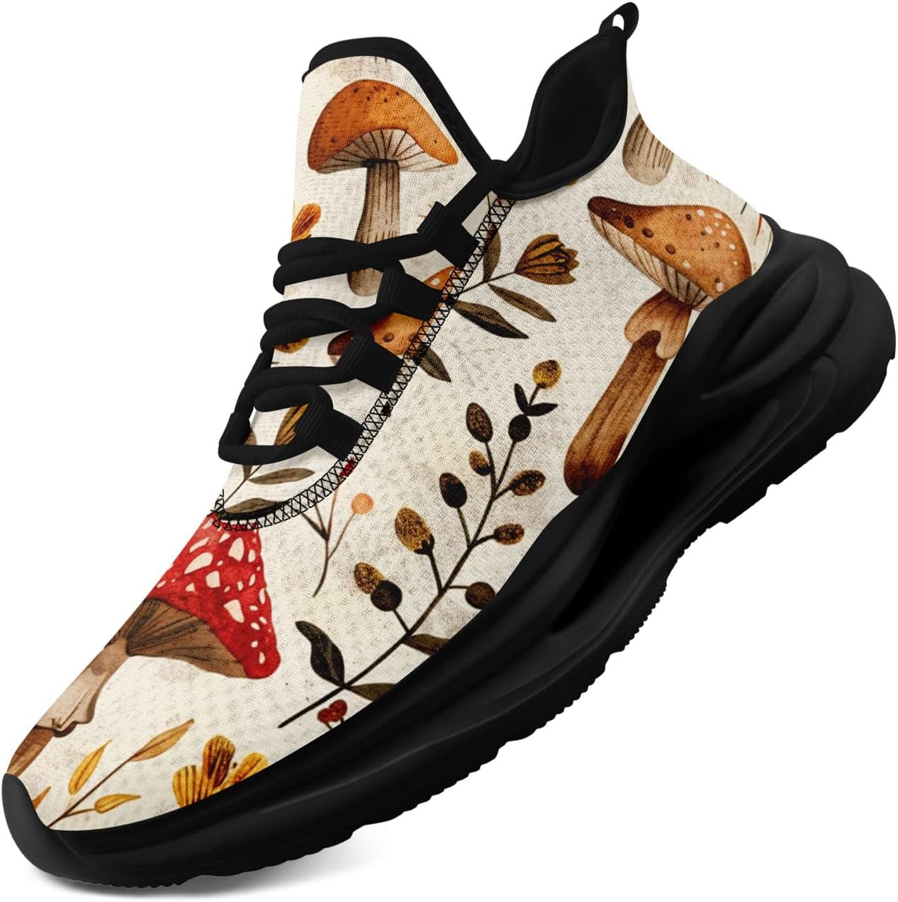 

Модные дышащие сетчатые кроссовки для мужчин и женщин - с цветочным, грибным и абстрактным принтом, легкие спортивные шнуровки Awsole, черный/бежевый