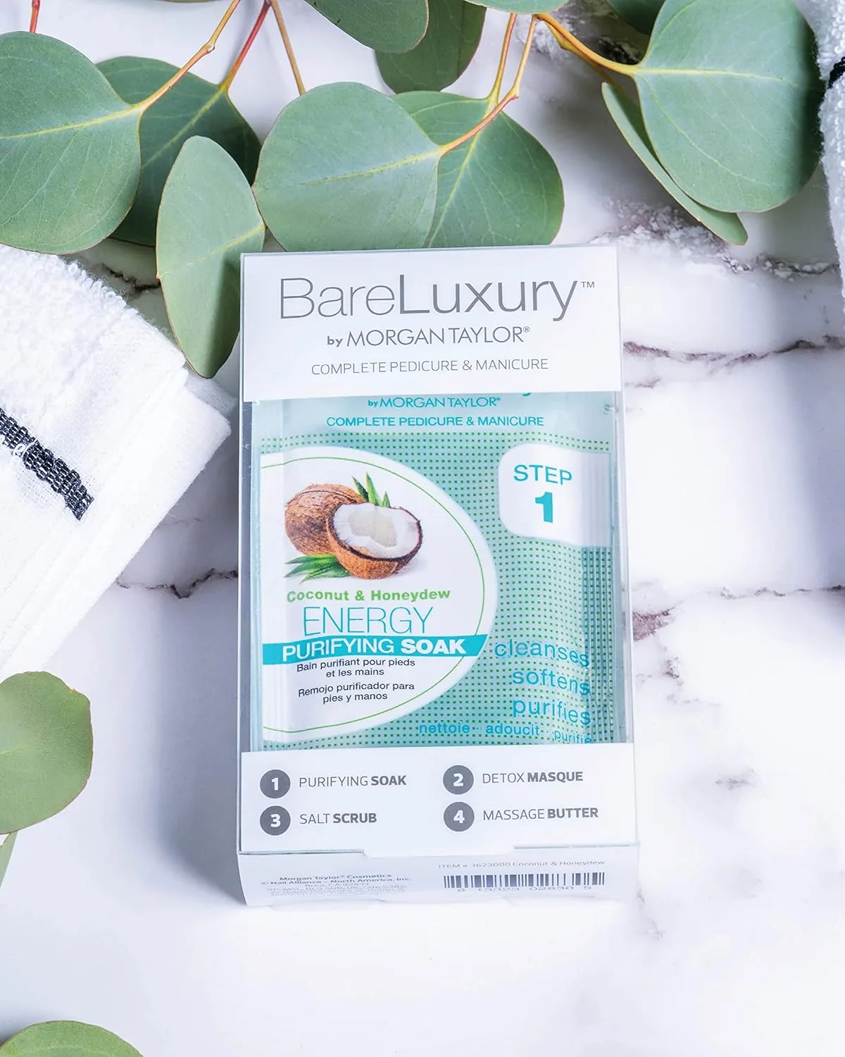 Morgan Taylor BareLuxury 4-шаговый набор для педикюра и маникюра - полный уход за ногтями с ванночкой, маской, скрабом и массажным маслом, профессиональные спа-процедуры (Energy Coconut & Honeydew) Энергия с кокосом и дыней — фото 4