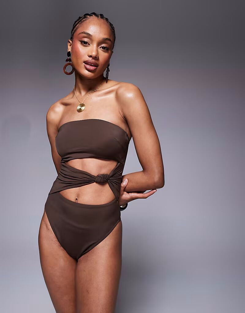 

ASOS DESIGN Высокий купальник Nina с узлом шоколадно-коричневого цвета