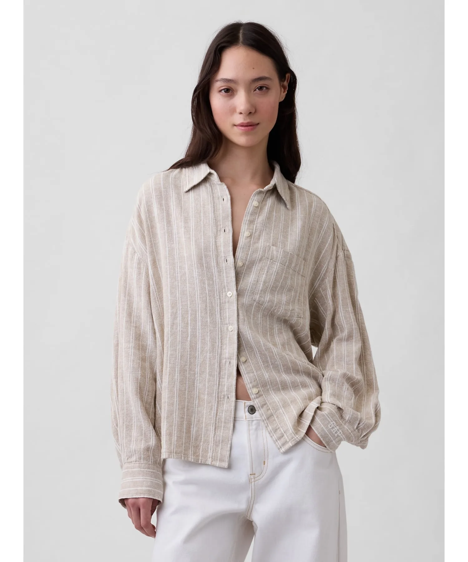 (W) Рубашка оверсайз из смесовой льняной ткани GAP, NEUTRAL_STRIPE