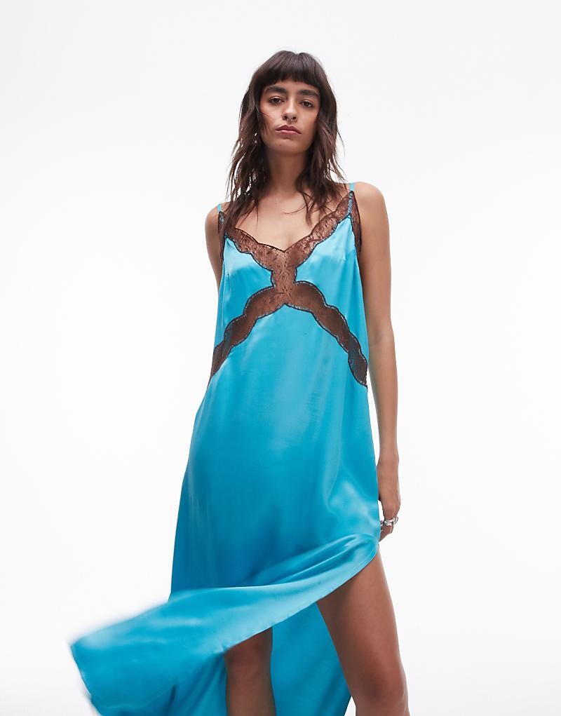 

Topshop — бирюзовое платье миди с кружевной вставкой