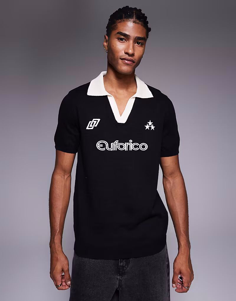 

Трикотажное поло с короткими рукавами и спортивной графикой черного цвета Asos Design, Черный, Трикотажное поло с короткими рукавами и спортивной графикой черного цвета Asos Design