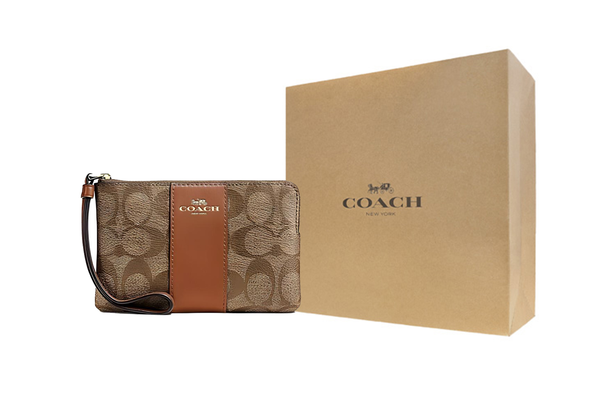

COACH Угловая молния с покрытием из переработанной кожи клатч мини женский хаки и седло коричневый