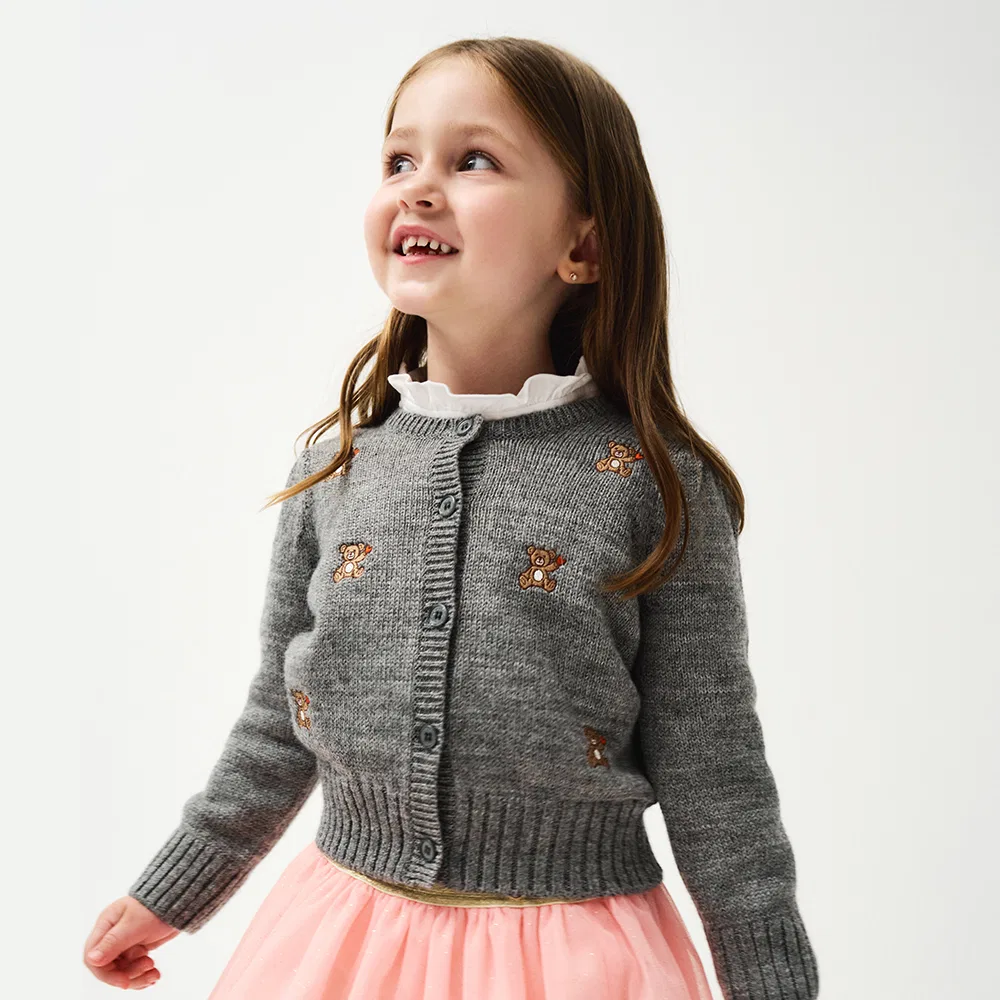 Детский кардиган с вышивкой медведя Heather Gray от Marithé Kids