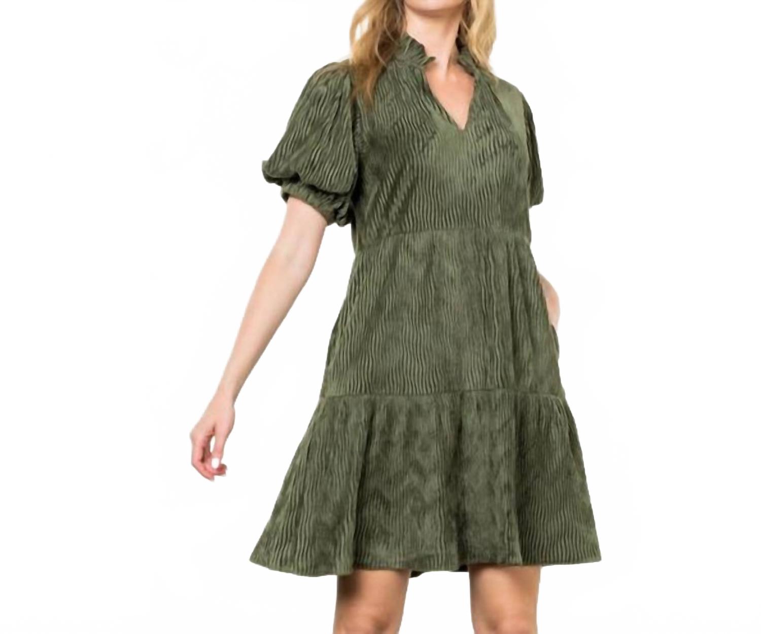 

THML Бархатное платье с пышными рукавами зеленого цвета