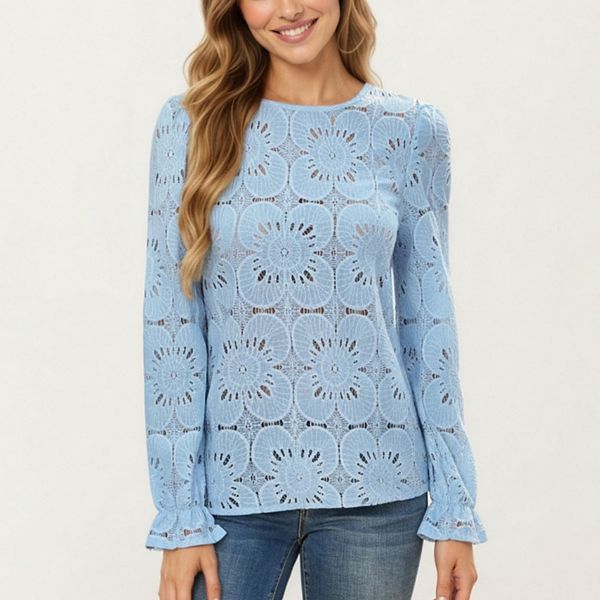 

Женский топ с длинным рукавом из кружева с цветочным узором и ажурной вязкой Anna-Kaci, Blue