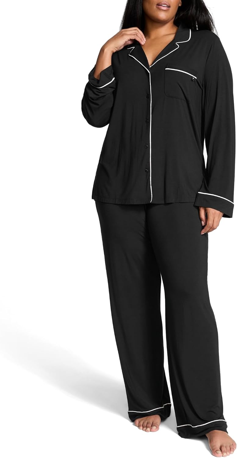 

Victoria's Modal пижамный комплект, длинная рубашка на пуговицах и пижамные брюки, женская одежда для сна (XS-XXL) Victoria's Secret, Black W Angel Pink Piping