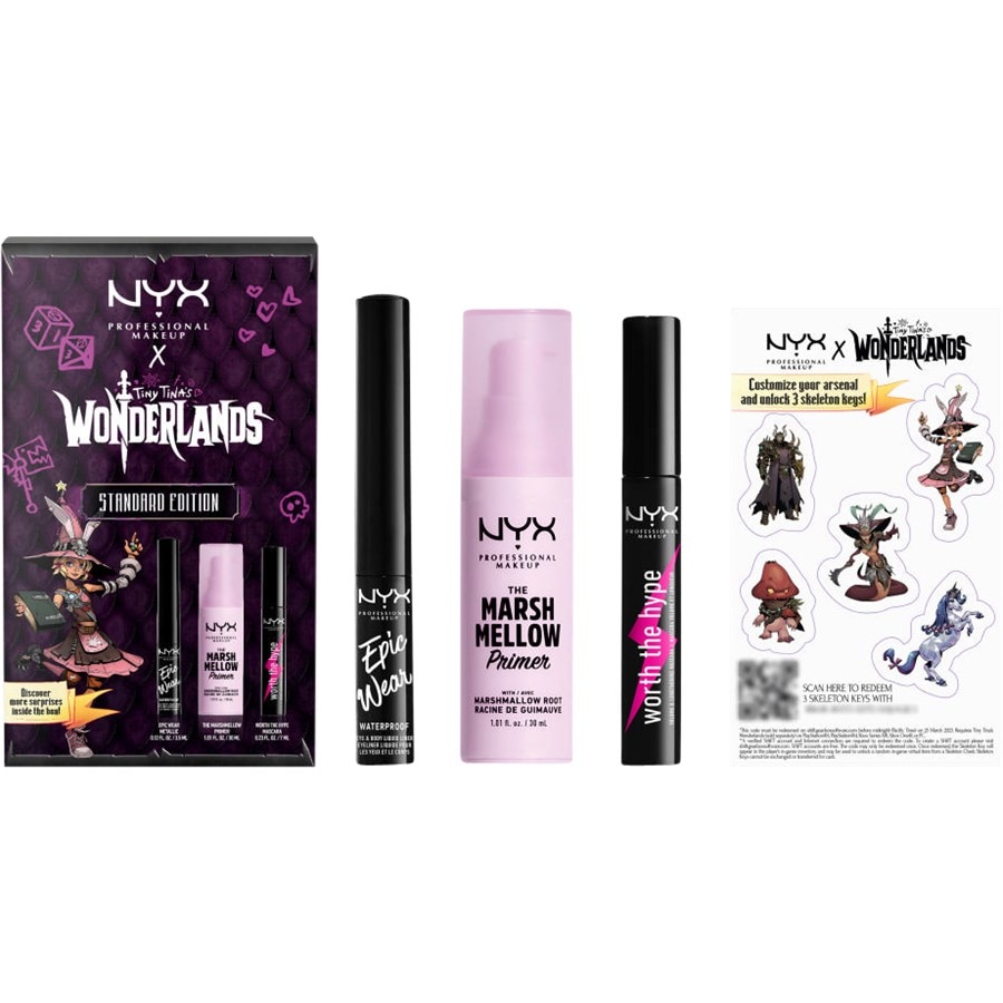 

Подводка для глаз NYX Professional Makeup Tiny Tina’s Wonderland Set, Standard Edition Marsh Mallow Smooth Primer 30 ml + Epic Wear Liquid Liner Black 15,5 g + Worth The Hype Mascara Black 7 ml / 1 Stk.