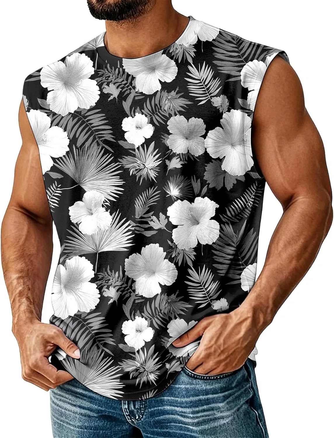 Мужской топ-танк с гавайским принтом, Hibiscus Floral, цвет Black White Hibiscus