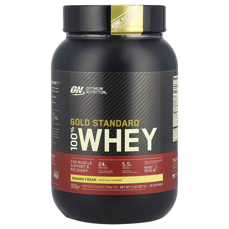 

Optimum Nutrition, Gold Standard, 100% сыворотка, со вкусом бананового крема, 907 г (2 фунта)