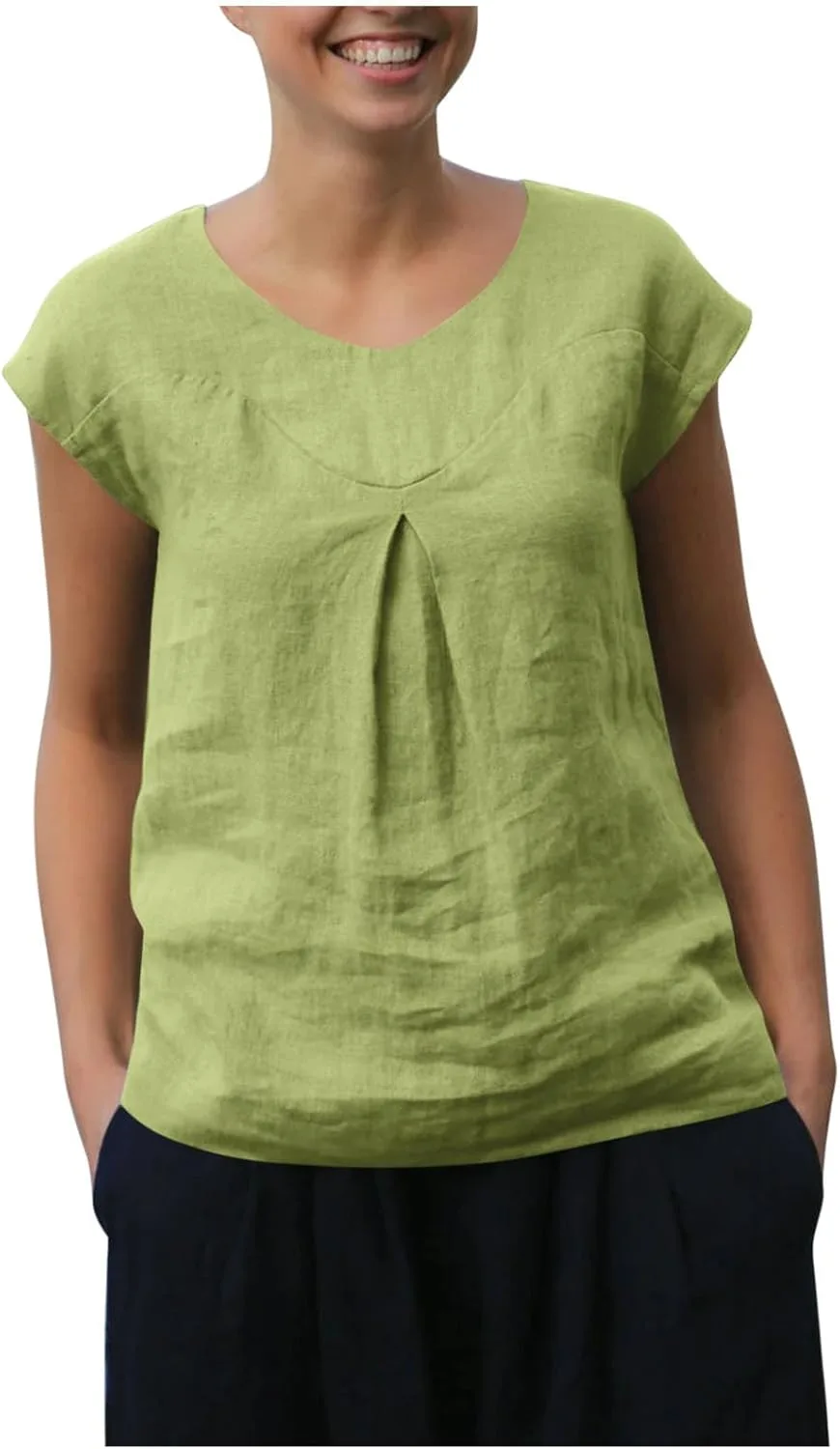 

Льняная рубашка для женщин свободного кроя с коротким рукавом и круглым вырезом Floleo