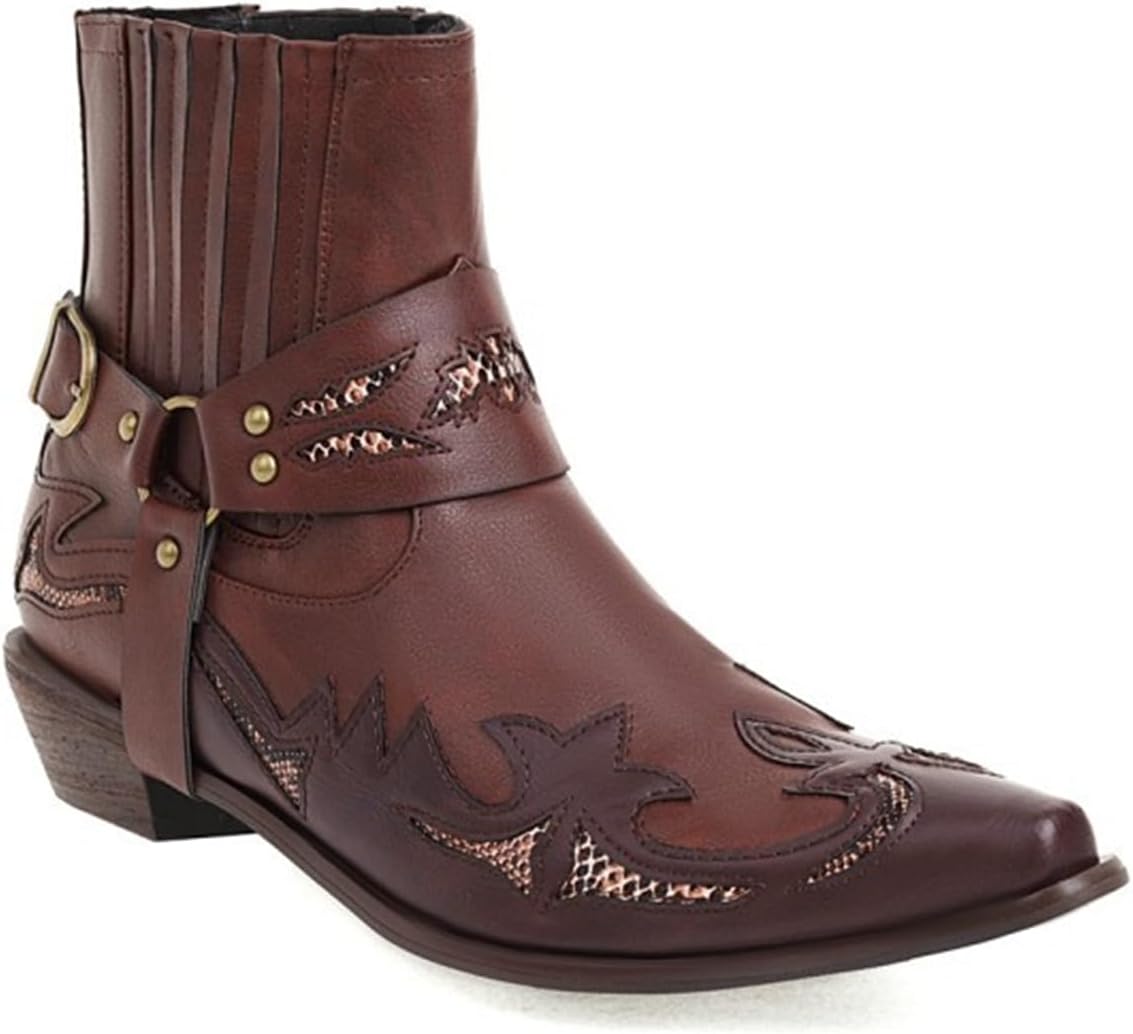 

Мужские ковбойские ботинки Классические вышитые западные ботинки Скользящие носки с заостренным носком Толстый каблук Ботинки до щиколотки Abborora, красный