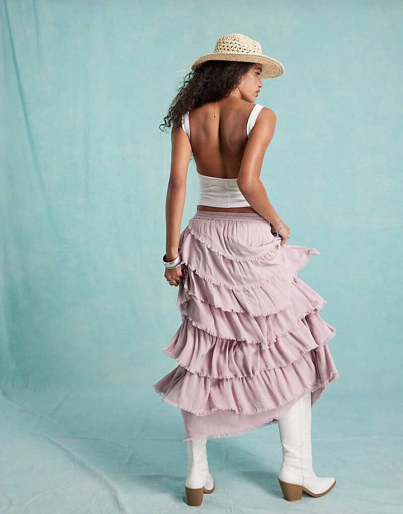 

Miss Selfridge – Структурированная юбка макси сиреневого цвета с асимметричными ярусами и потертым краем по низу