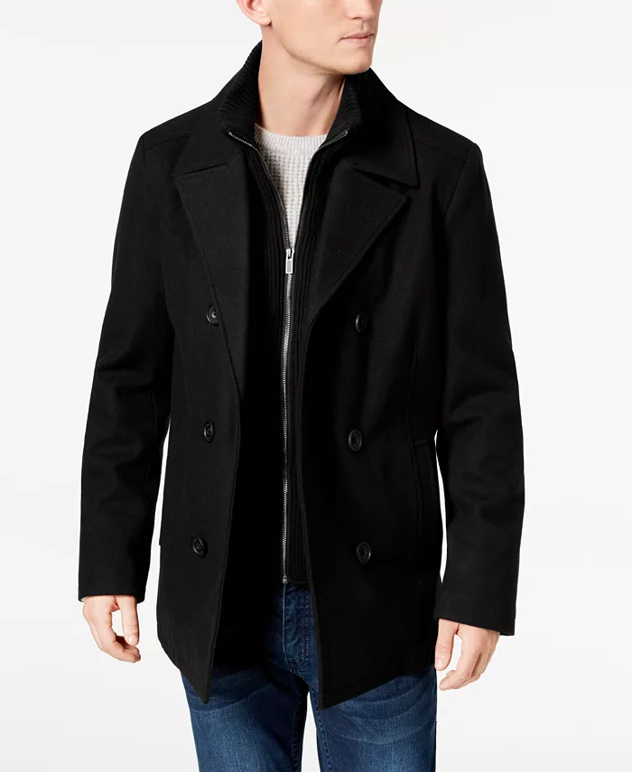 

Мужское двубортное пальто из шерстяной смеси Peacoat с нагрудником Kenneth Cole, черный