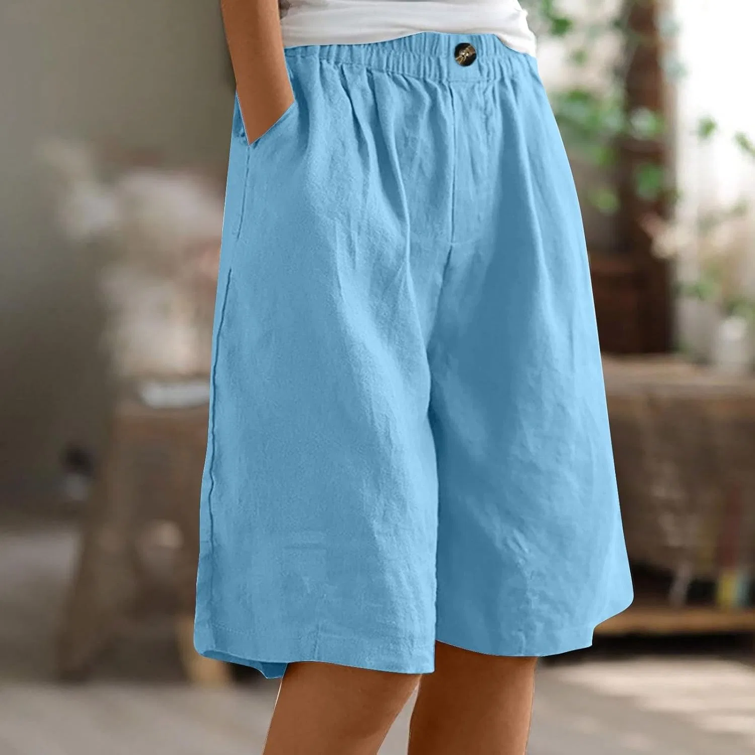 Бермуды женские с высокой талией, Cotton Linen, Sky Blue — фото 2