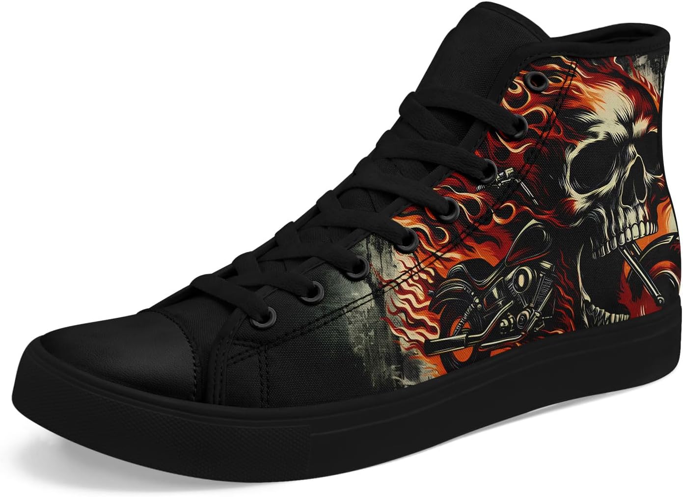 

Модные готические кроссовки с черепом и огненным рисунком на высоком холщовом верхе для мужчин и женщин, стильные и удобные, унисекс, на шнуровке, плоские, для повседневной ходьбы Coolcustomize, черный/оранжевый/коричневый/бежевый