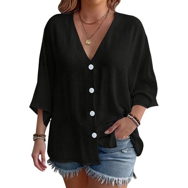 

Женская рубашка с глубоким V-вырезом и 3/4 рукавом, свободный топ для лета Yesfashion, Black