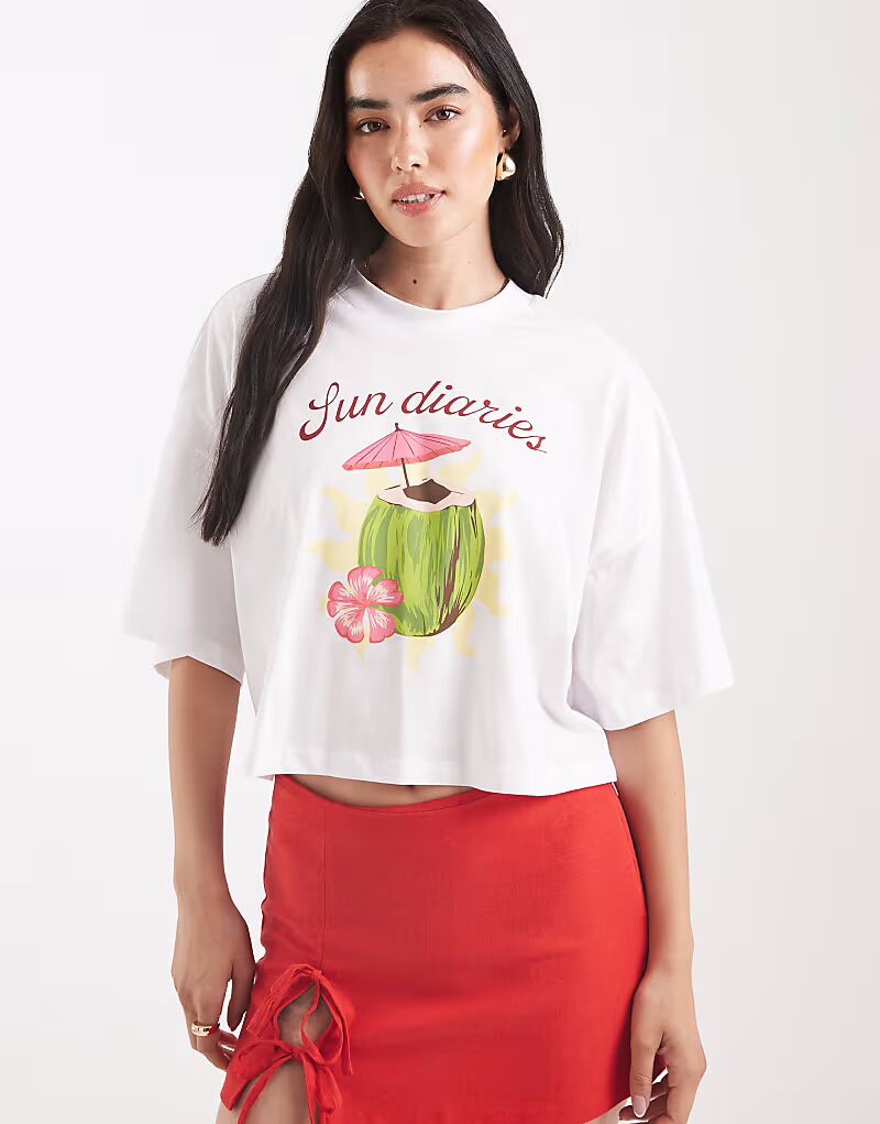 

Укороченная футболка оверсайз с принтом кокоса белого цвета Only, Белый, Укороченная футболка оверсайз с принтом кокоса белого цвета Only