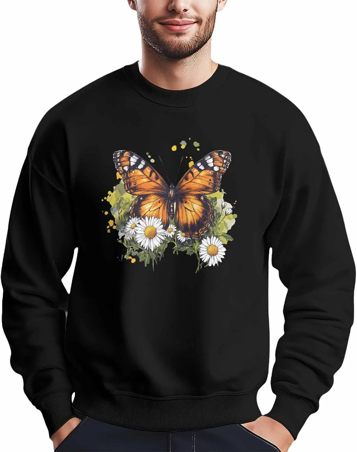 

Мужской свитшот с принтом белой ромашки и бабочки, Crewneck, Long Sleeve Winvebermior