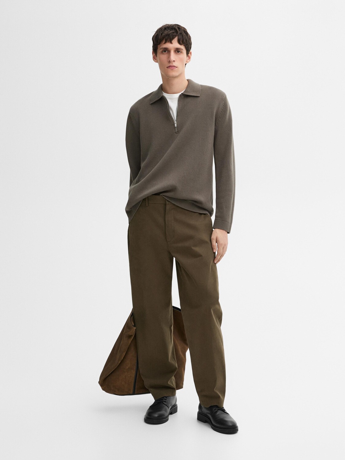 

Вязаный свитер с воротником-поло на молнии Massimo Dutti, хаки
