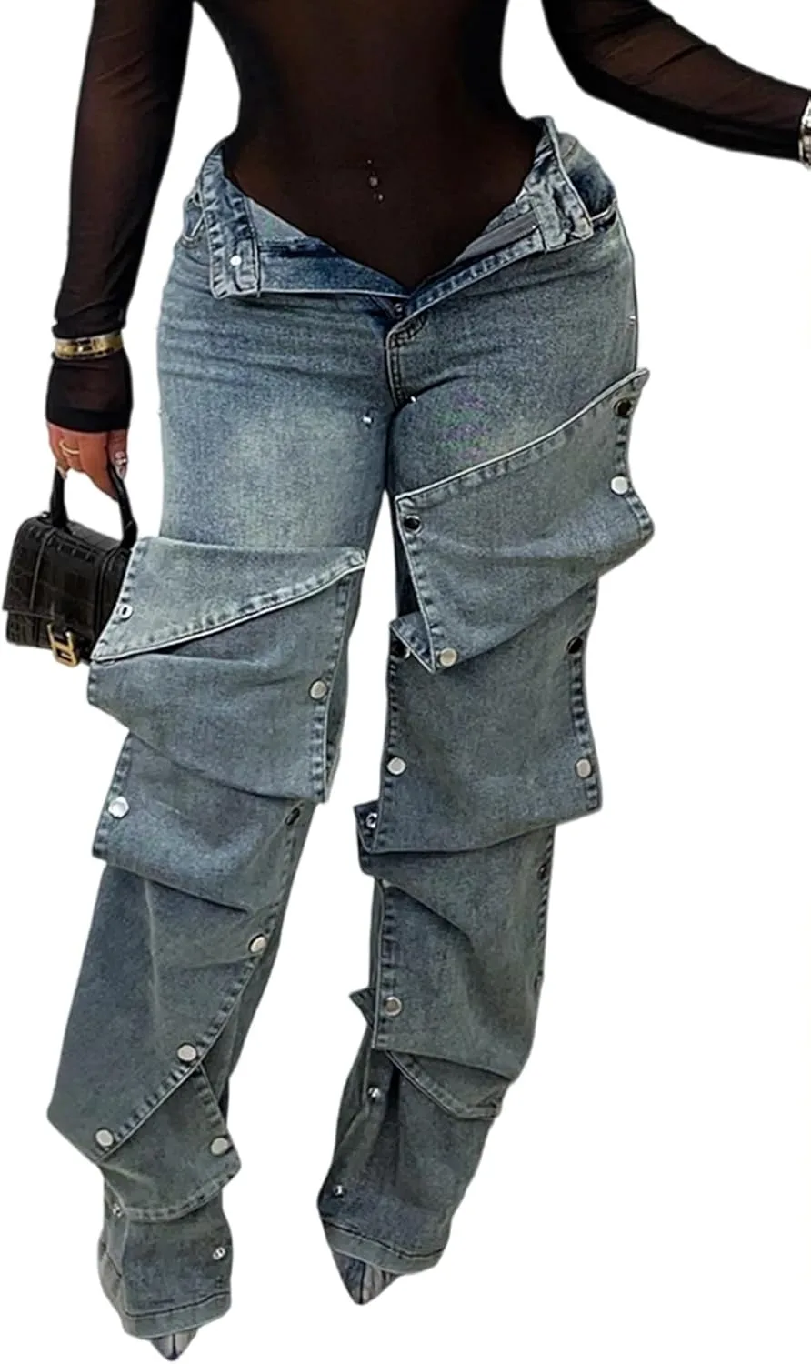 

Tbahhir мешковатые карго джинсы для женщин, distressed, high waisted, wide leg