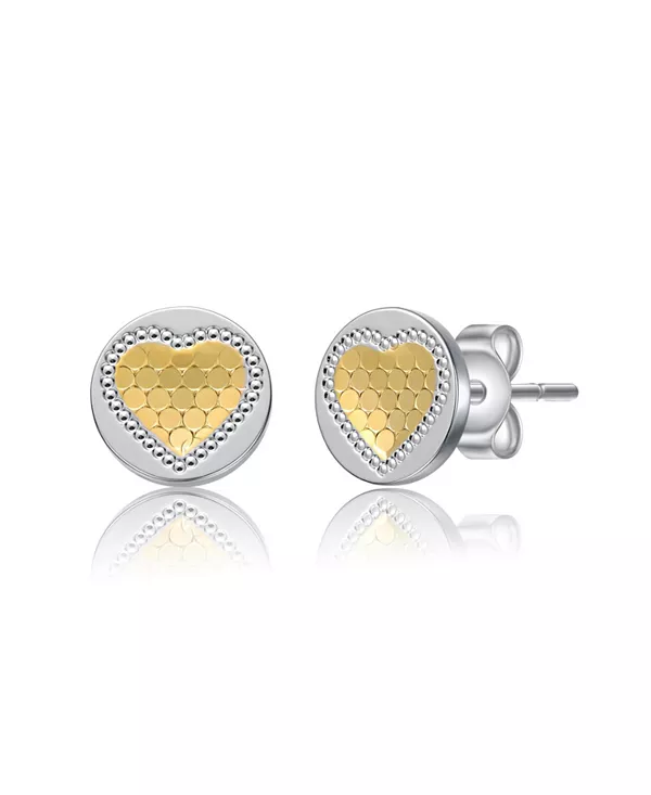 

Двухцветные круглые серьги-гвоздики с медальоном в форме сердца из милгрэйна, покрытые белым золотом или 14-каратным золотом Rachel Glauber, gold