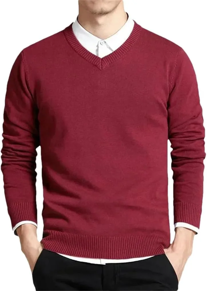 

Мужской вязаный свитер с V-образным вырезом и рельефной вязкой