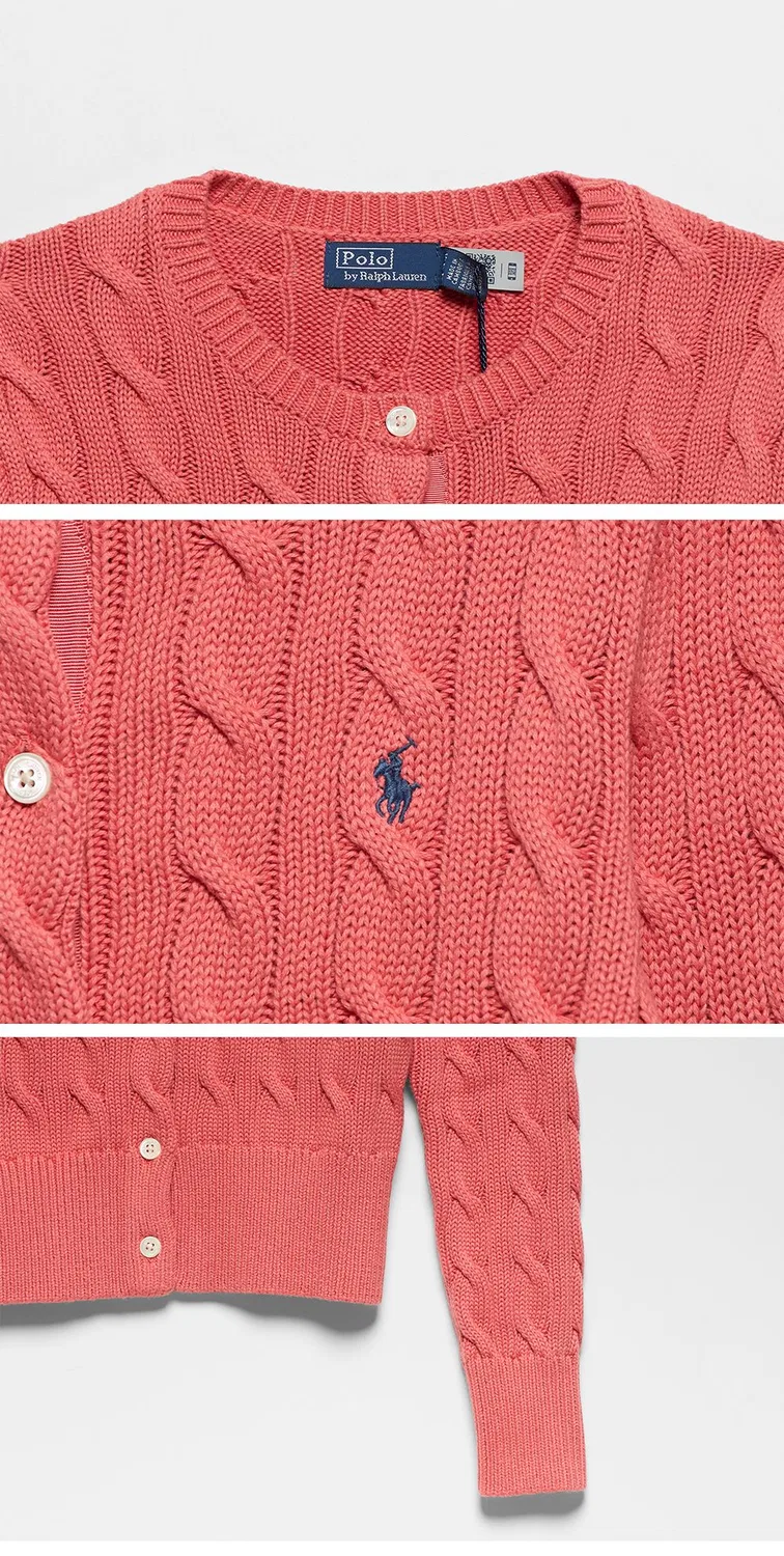 Женский хлопковый кардиган с круглым вырезом и косами Cable Knit красного цвета от Polo Ralph Lauren — фото 4