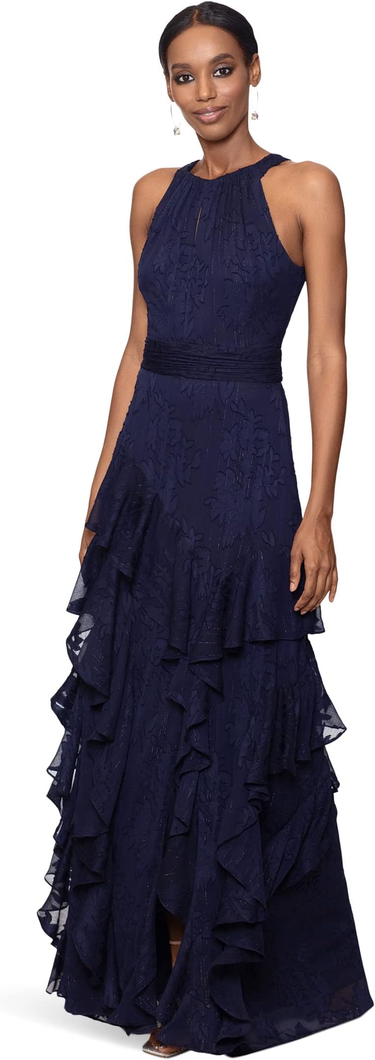 

Платье XSCAPE Long Chiffon Tiered Ruffle Dress, темно-синий